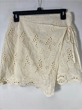 Lulu's Cream Eyelet Wrap Mini Skirt with Tie Small embroidered Coastal